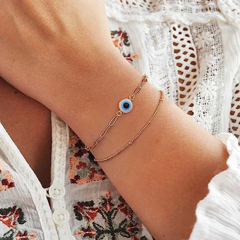 Handmade Good Luck Stainless Steel Fashion Turkish Evil Eye Gold Color Bracelet Chain For Women Men Jewelry Party Gift W250606
