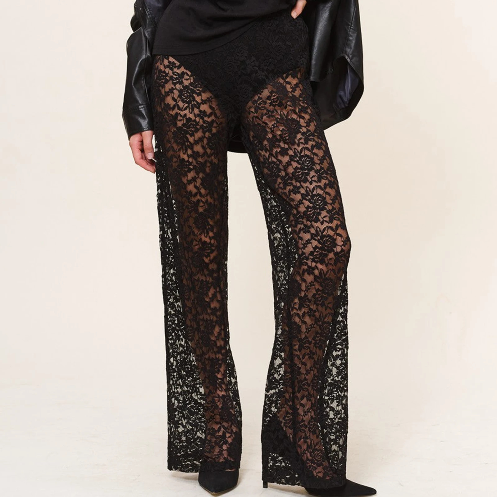 Sexy Women Sheer Lace Pants Transparent Gothic High Waist Wide Leg Flare Pants Ladies Bell-Bottoms Trousers Club Streetwear 250605