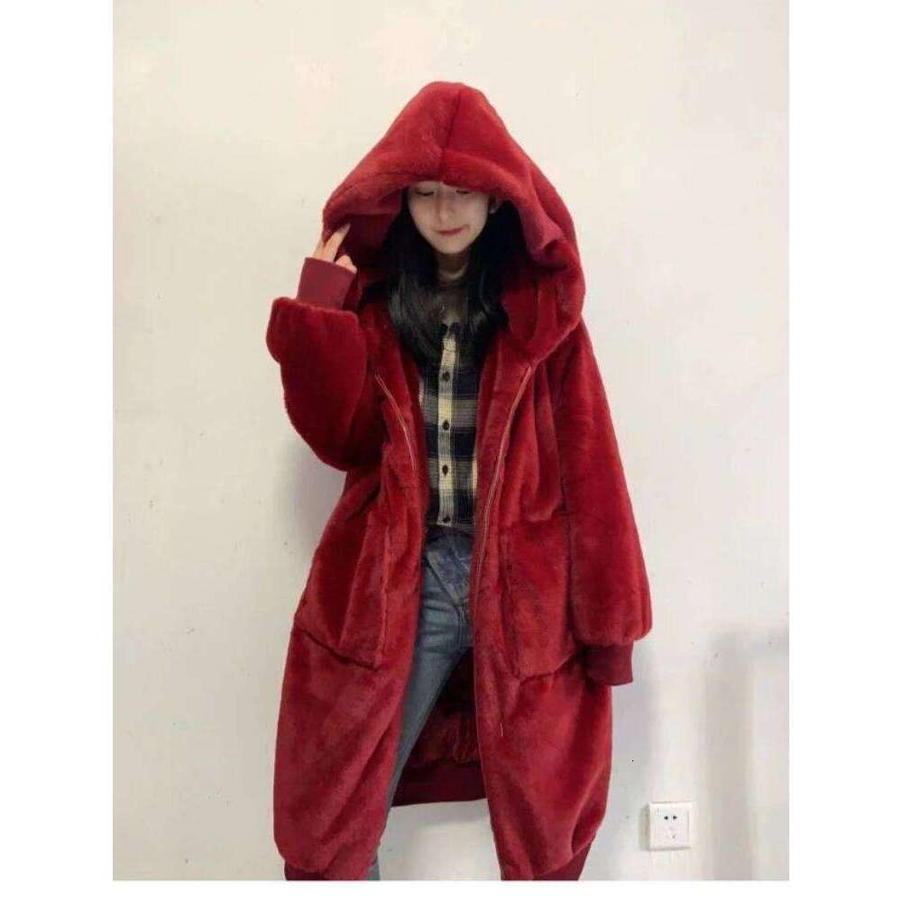 New Hooded Long Warm Thickened Jacket Trend Faux Rabbit Fur Coat Winter Casual Plush High-quality Outerwears Top