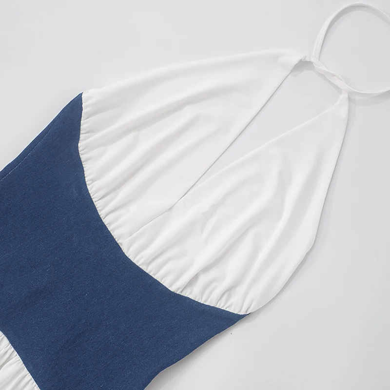 CUTENOVA WomenS Temperament Color Collision Hanging Neck Backless Drawstring Waist Zipper Patchwork Wide-Leg Jumpsuit Summer 250530