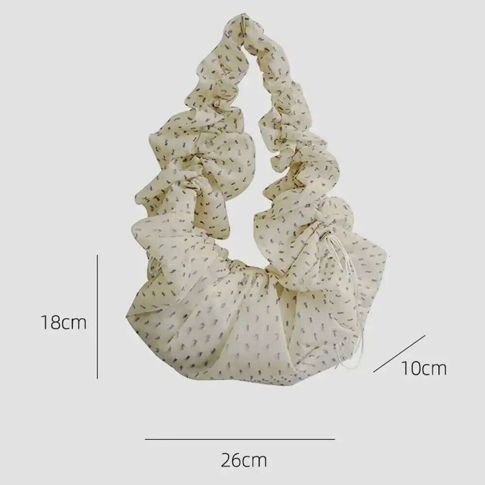 White Printed Adjustable Drawstring Tote Women's Pleated Lace Shoulder Strap Soft Lightweight Summer Commute Crossbody Bag