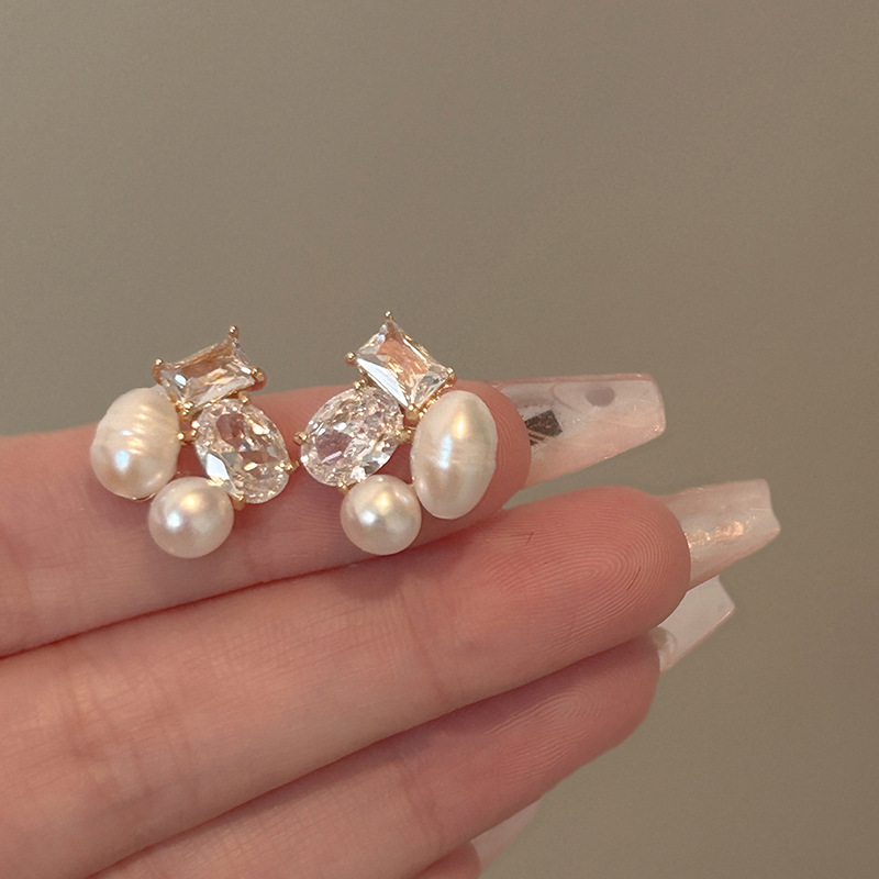 French Inspired Sophisticated Versatile Geometric Stud Earrings for Women Silver Needles Zirconia Freshwater Pearls
