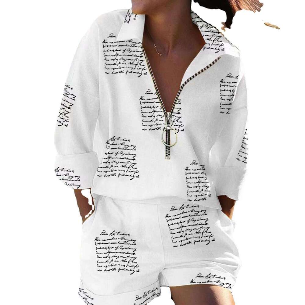 New Women's Printed Zipper Shirt And Shorts Set B5
