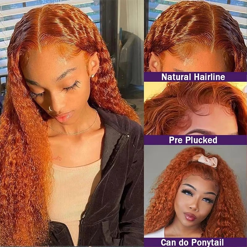 30 Inch Ginger Orange Kinky Curly 13x4 Lace Frontal Wigs For Women Transparent Lace Front Human Hair Wig 4X4 Curly Deep Wave Wig Synthetic