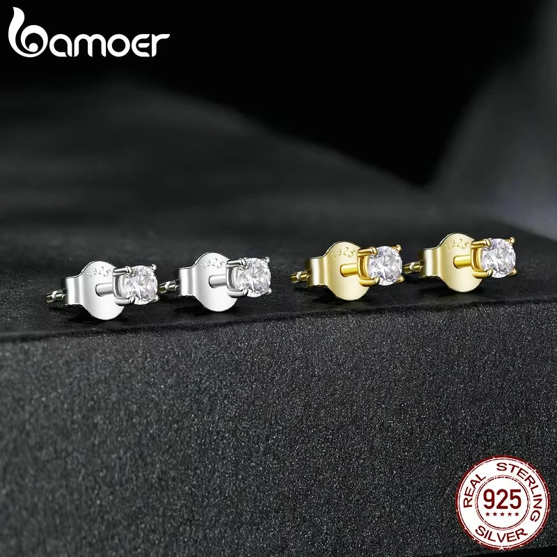 Bamoer Diamond 925 Sterling Silver Simple Round Moissanite Stud Earrings for Men Women Classic Engagement Certified Fine Jewelry Gift Romantic MSE038