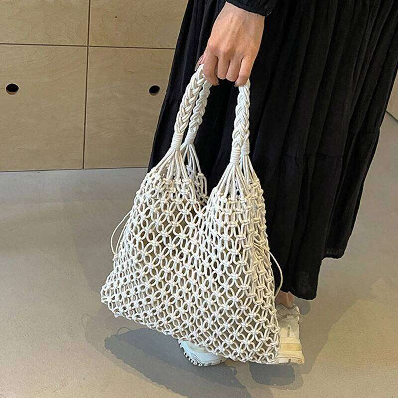 Fashion Crochet Bags For Women Summer Beach Tote Raffia Aesthetic Totes Straw Handbag Bohemian Boho Woven Knit Shoulder Bag