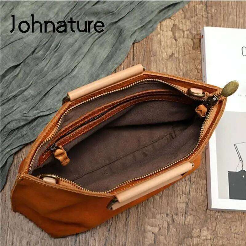 Johnature Handmade Natural Cow Leather Women Bag 2025 New Simple Retro Handbag Large Capacity Solid Color Shoulder Bags 2025/06/06