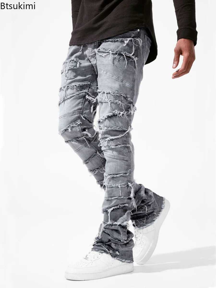 New Mens Patchwork Denim Pants Stacked Jeans Ripped Washed Frayed Pants Vintage Strt Style Slim Fit Straight Trousers for MenC250606