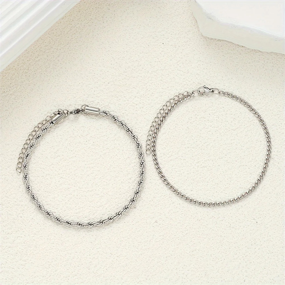 2pcs Stainless Steel Adjustable Silver Color Chain Anklets Set Unisex Daily Wear Beach Twist Metal Anklet Casual Foot Jewelry 250528