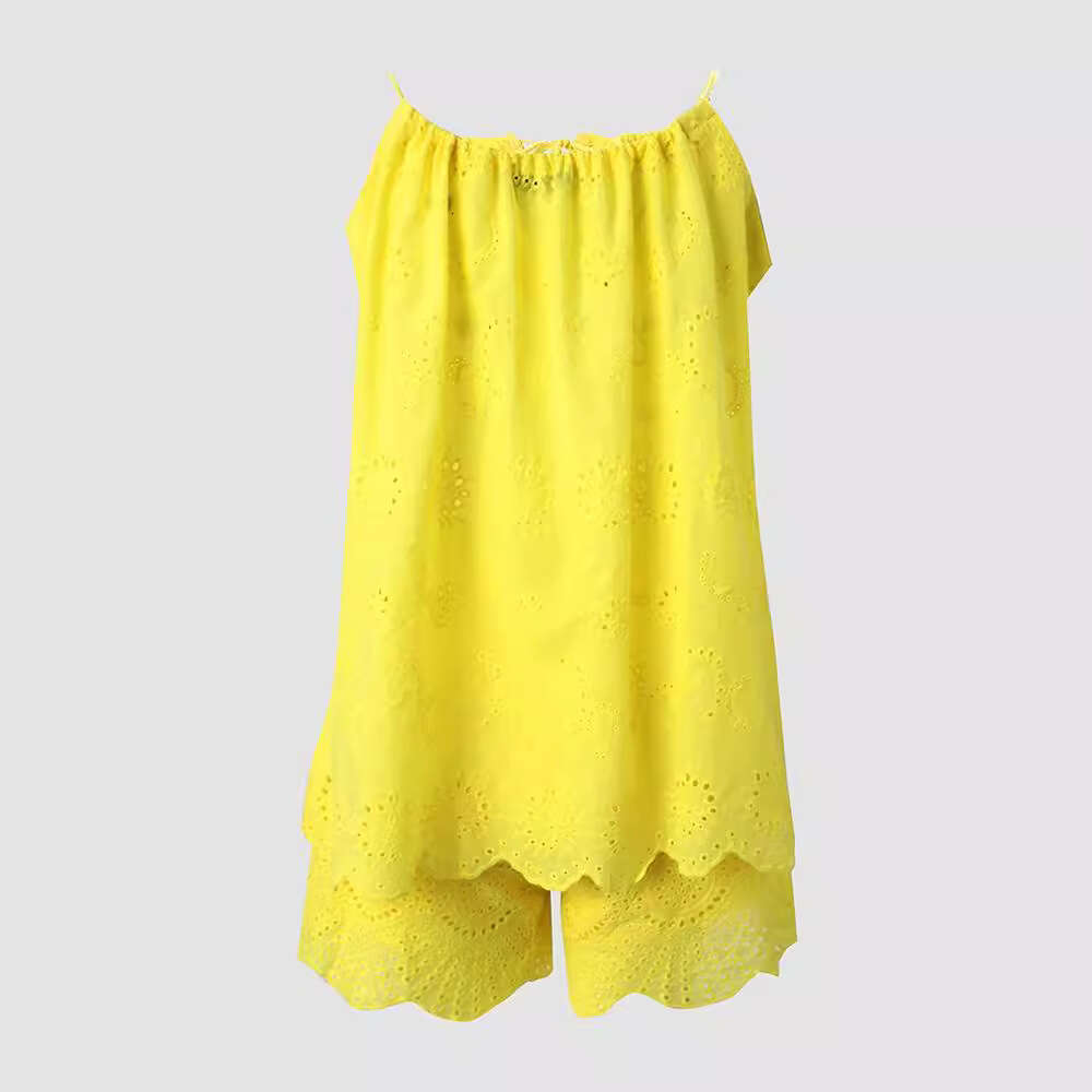 Sleeveless Drawstring Ruffle Hollow Out Camisole Vest Embroidered Shorts With Lining Cotton Set B5