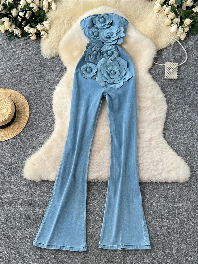SINGREINY Fashion Denim Long Jumpsuits Zipper 3D Floral Chic Rompers Korean Trend Ins Solid Streetwear Women Playsuits 250603
