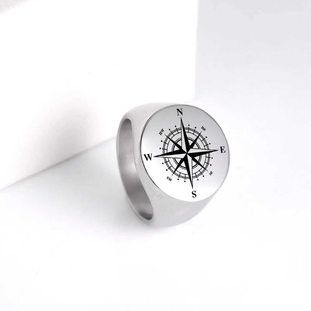COOLTIME Retro Compass Signet Mens Ring Stainless Steel Punk Rings Vintage Jewelry Amulet Wicca Rock Hip Hop Gift W250606