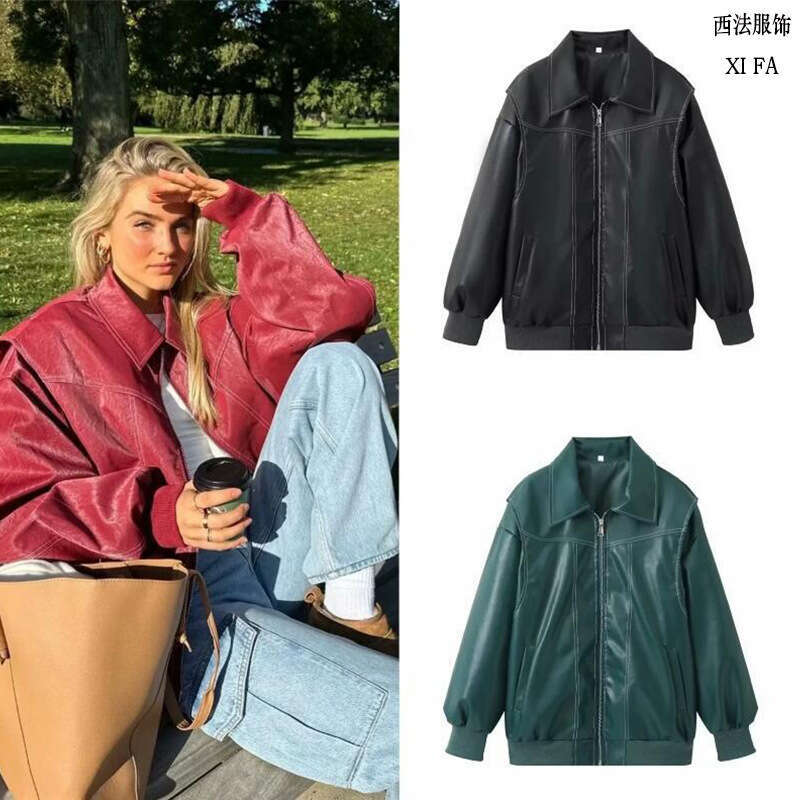 Women's Autumn Winter Casual PU Jacket Motorcycle Style Loose Leather Coat B5