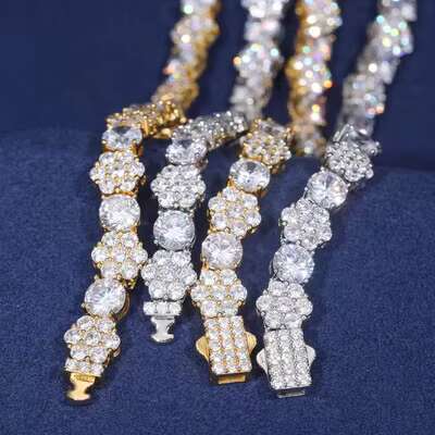 S925 Silver Moissanite Necklace for Men Women 9mm Hip Hop Flower Iced Tennis Chain 925 Bling Exquisite Jewelry Fashionable