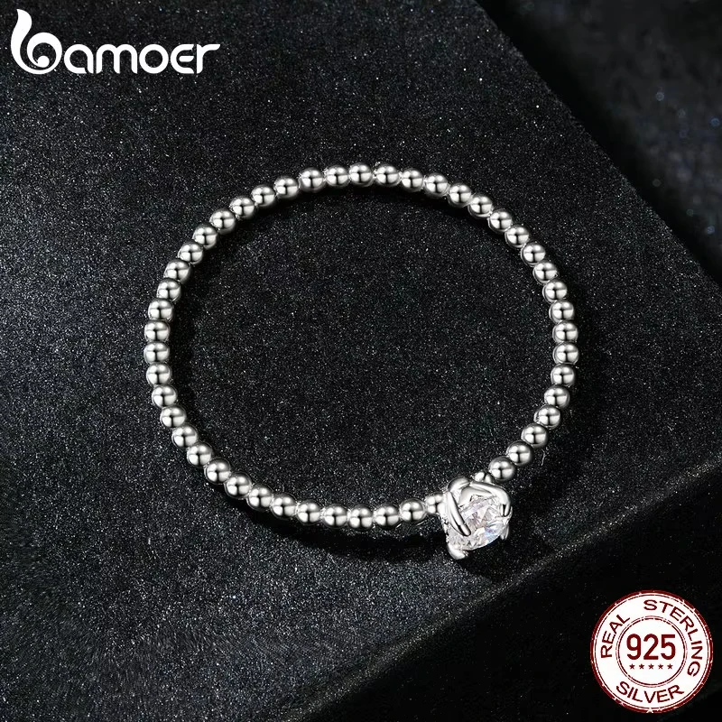 BAMOER 925 Sterling Silver Eternity Rope Wedding Band Ring, Stackable Moissanite Beads Ring for Women MSR046