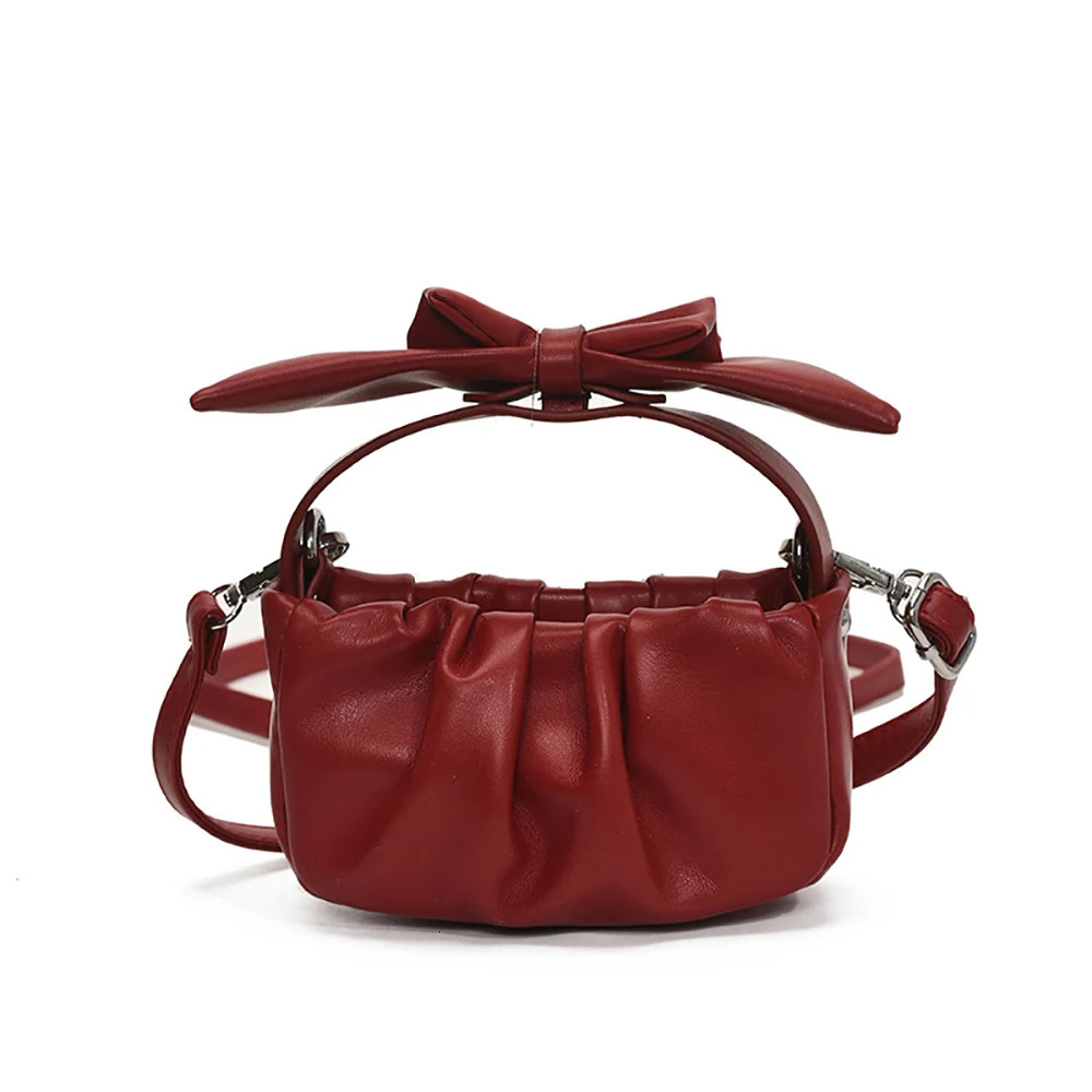 Korean Style Cute Bow Square Crossbody Bag Women Fashion Delicate Pleated Zipper Solid Color One Shoulder Bags Commute Handbags 250605