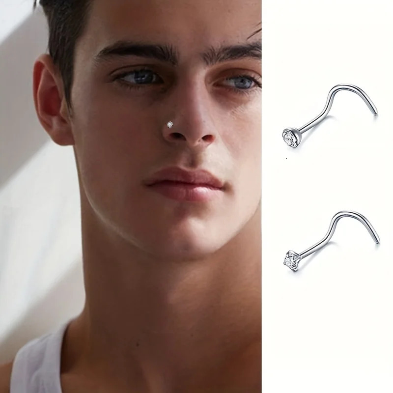 9/18pcs Stainless Steel Nose Studs Corkscrew Nose Ring with 2mm CZ Steel Nostril Nose Piercing Jewelry for Women Men 250605