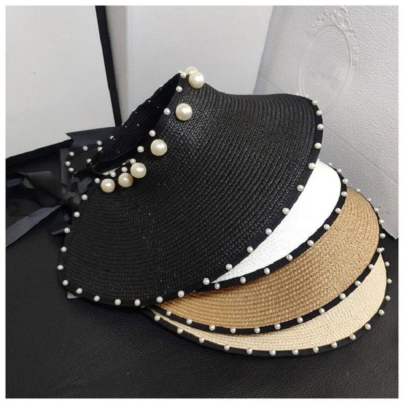 4Color Pearl Foldable Straw Hats For Women Ladie Empty Top Wide Large Brim Visor Cap Adjustable Beach UV Protction Hat 250603