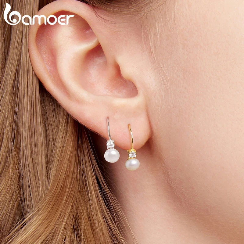 BAMOER Platinum Plated Moissanite Freshwater Pearl Earrings for Women, Round Cut Lab Diamond 925 Silver Hypoallergenic Earrings