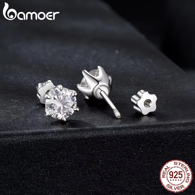 BAMOER White Gold Plated Moissanite Earrings for Women, real 925 Sterling Silver Sparkling Moissanite Studs Huggies Christmas Gift