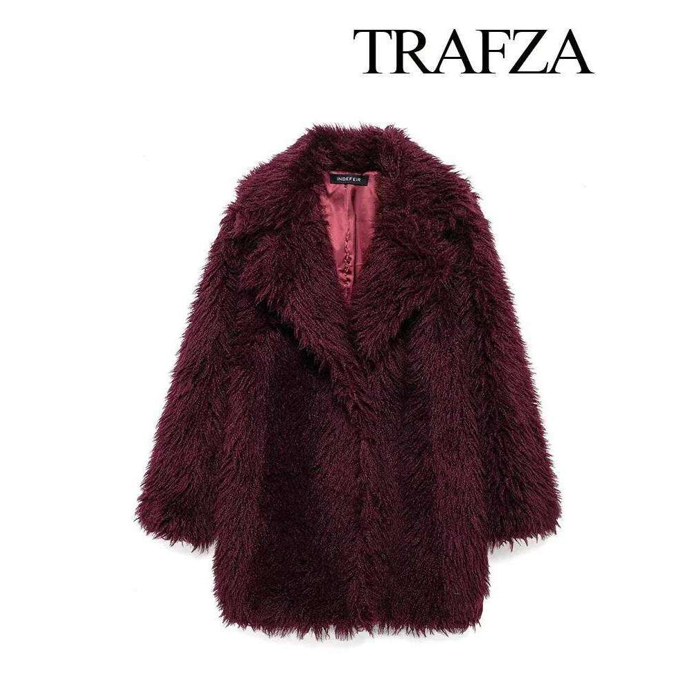 TRAFZA Women Faux Fur Jackets Loose Sleeves Turn Down Collar Warm Winter Long Coat Female Wine Red Vintage Casual Outerwear