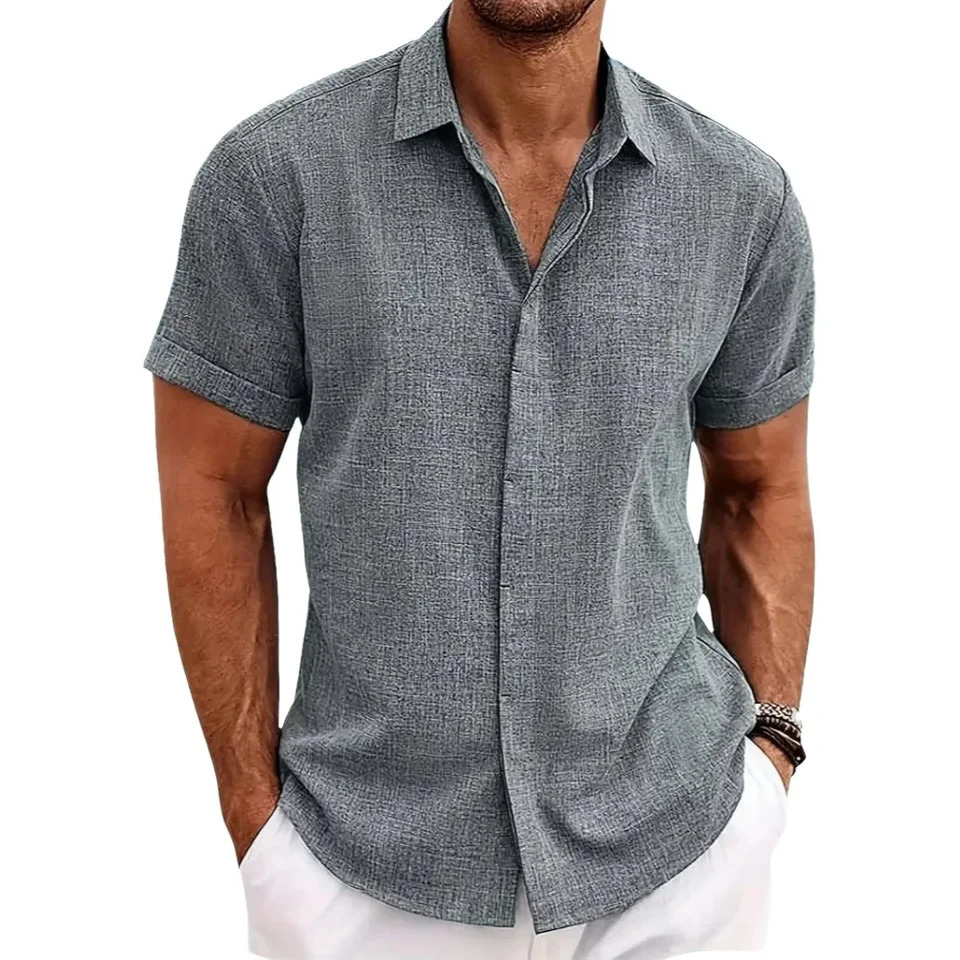 Summer explosive mens fashion casual loose cotton linen shirt trend beach large size mens short-sleeved shirt 250605