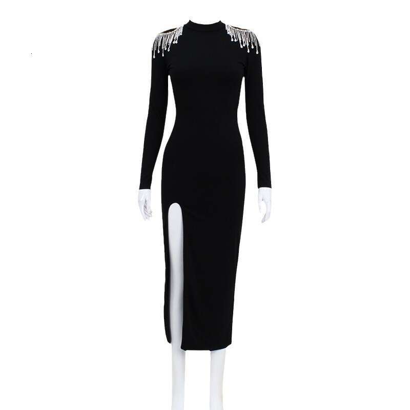 Elegant Socialite Style Women's Round Neck Long Sleeve Split Sexy Dress With Sparkling Back And Slit For Evening Party B5