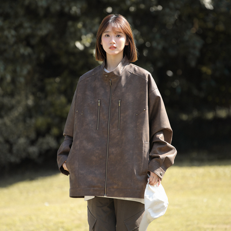 Ddmyoutdoor Couple S Loose PU Leather Jacket Men S Women S Spring Autumn Trendy Brand Handsome And Versatile Casual Jacket Jogging Suit