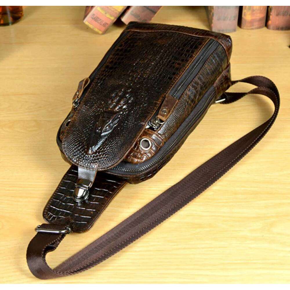 Men Cross Body Shoulder Chest Sling Backpack Genuine Leather Crocodile Pattern Real Cowhide Travel Male Side Messenger Bag