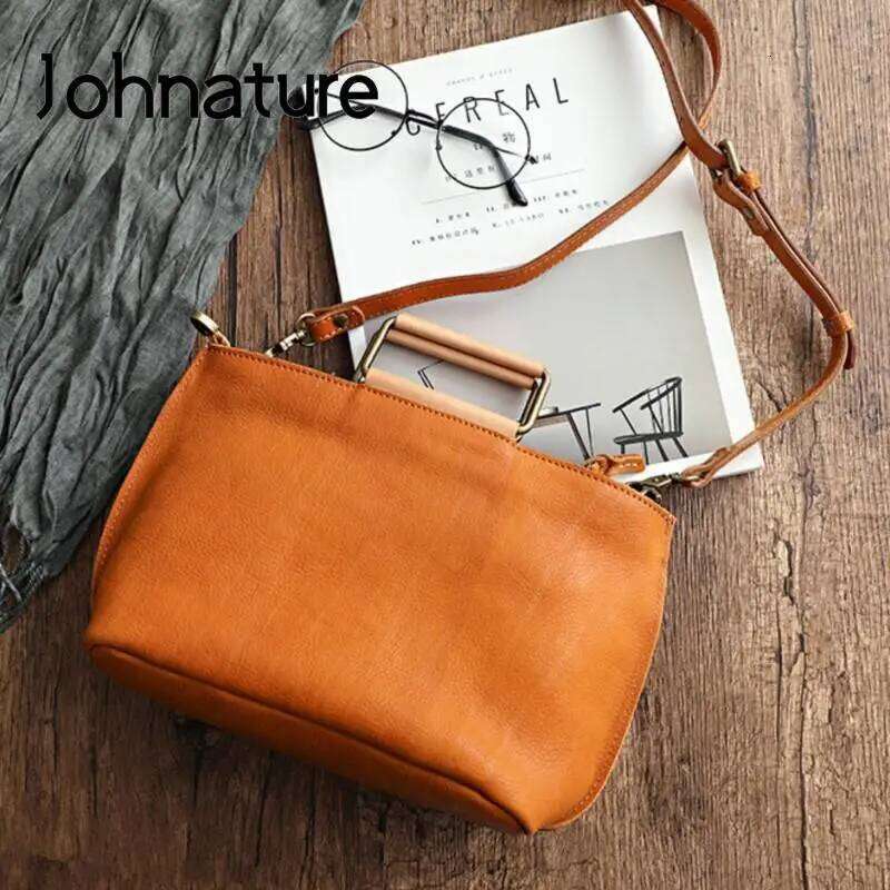 Johnature Handmade Natural Cow Leather Women Bag 2025 New Simple Retro Handbag Large Capacity Solid Color Shoulder Bags 2025/06/06