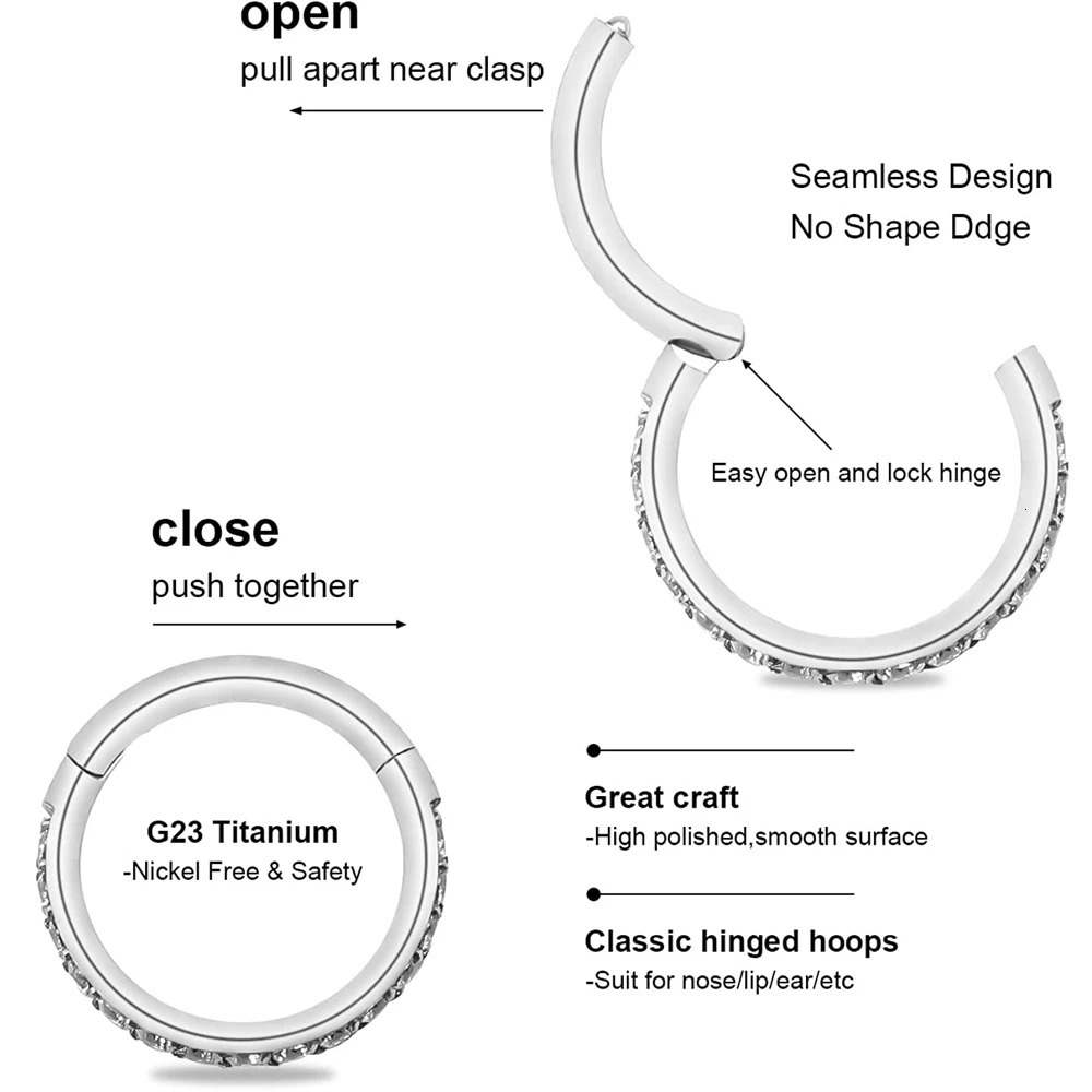 G23 Multi Zircon Nose Ring Hoop 6/8/10/12mm Septum Hinged Clicker Lip Ear Helix Tragus Piercing Jewellery 250605