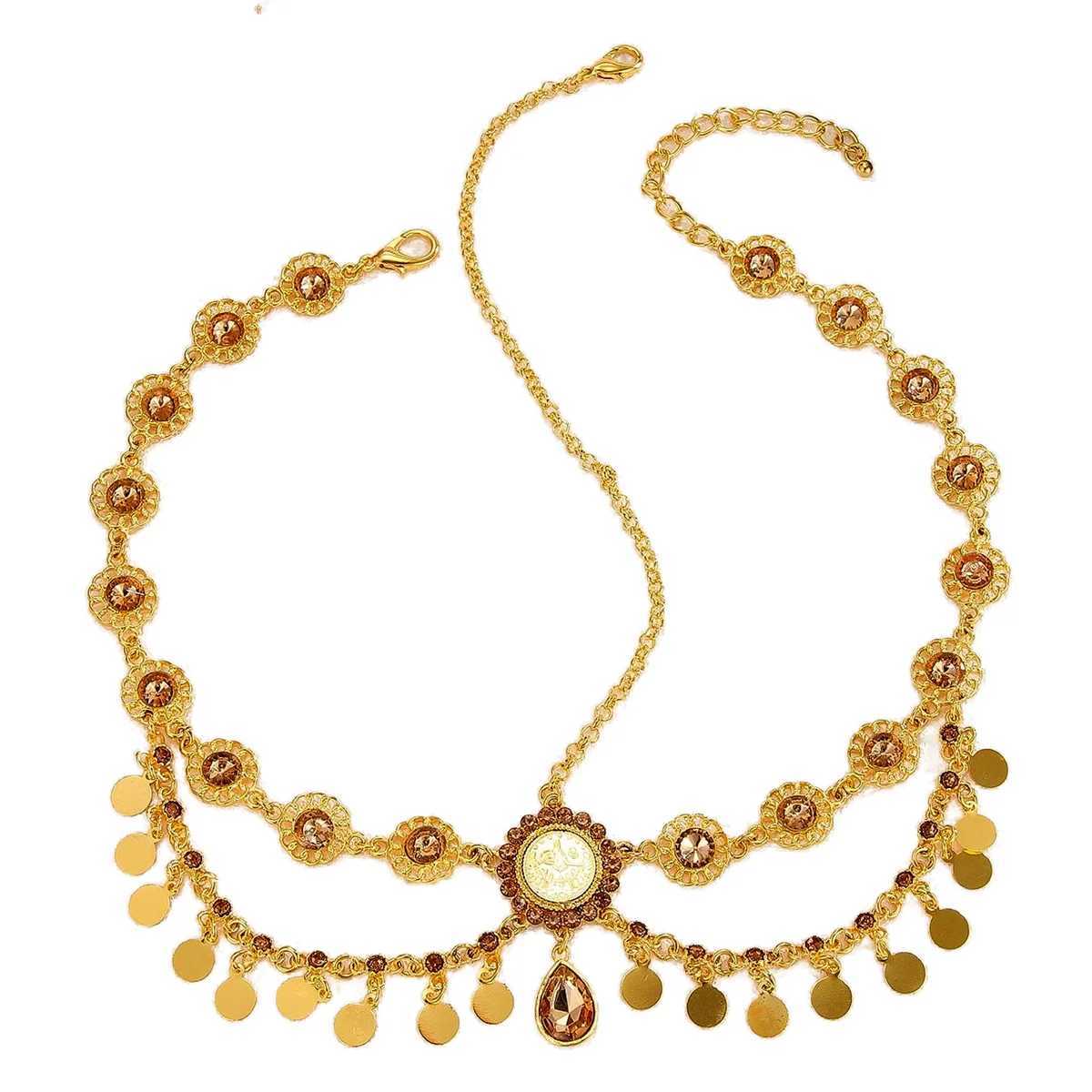 Indian Head Chain For Women Arabic Gold Color Coins Tassel Bridal Rhinestone Hair Chain Headdress Wedding Accessories Headpiece Z250605