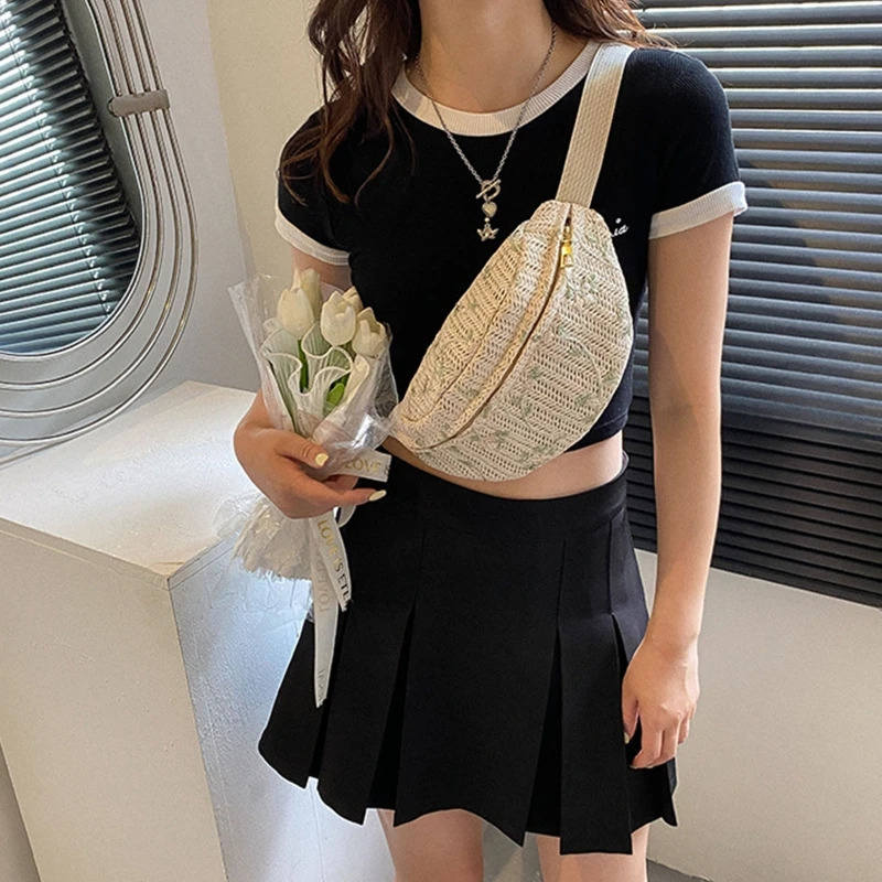 Women Fashion Straw Waist Fanny Pack Travel Casual Large Phone Bag Sports Workout Crossbody Chest Purse Beach Belt Bum Bag 250605