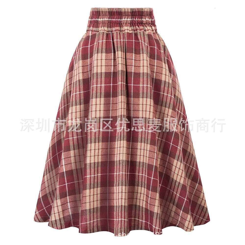 24 New Color-Block Decorated Plaid For Women Versatile Flared Skirt B5