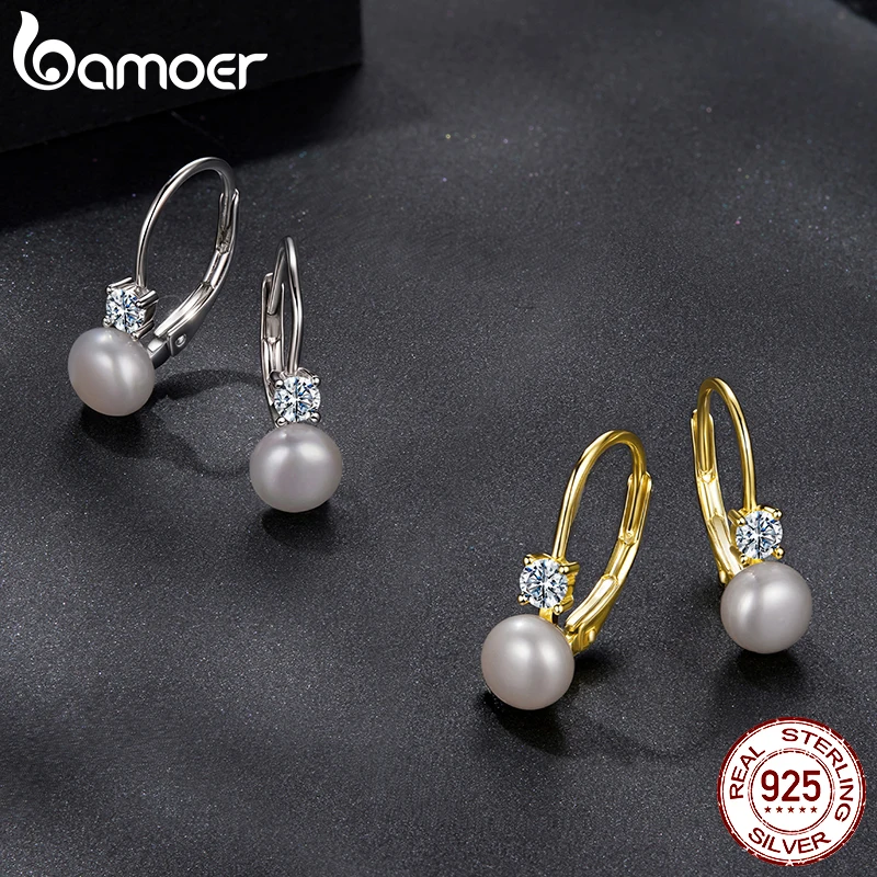 BAMOER Platinum Plated Moissanite Freshwater Pearl Earrings for Women, Round Cut Lab Diamond 925 Silver Hypoallergenic Earrings