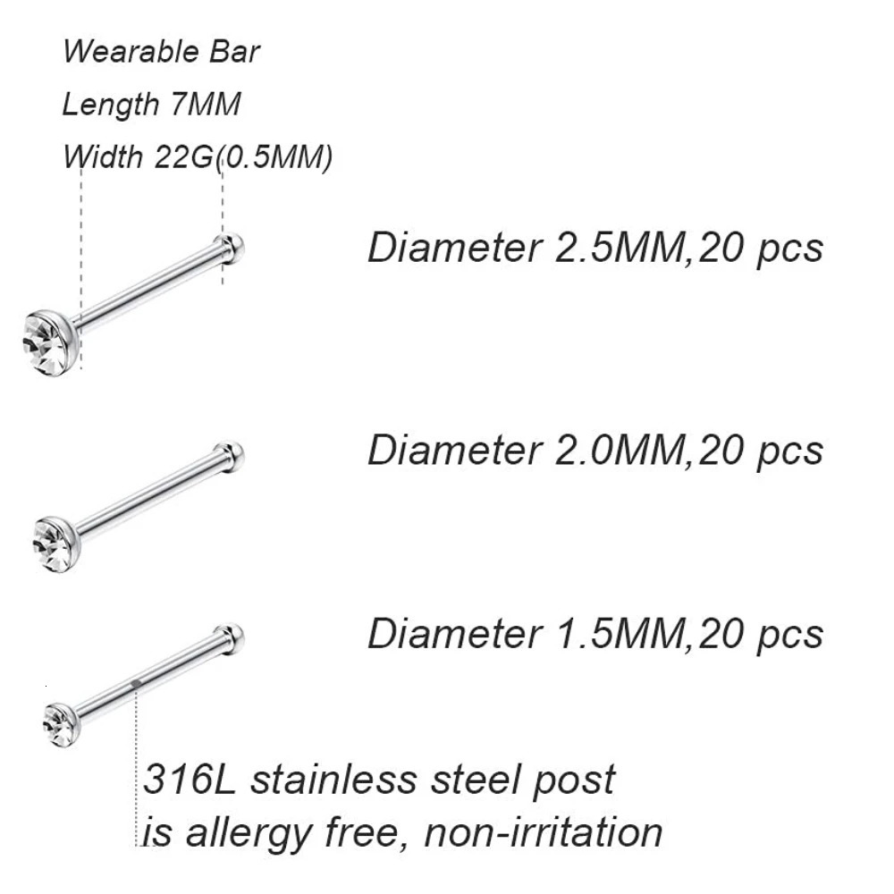 Drperfect 60pcs Stainless Steel Nose Studs Rings Piercing Pin Nostril Body Jewelry for Woman Men 20G-22G 1.5mm 2mm 2.5mm 250605