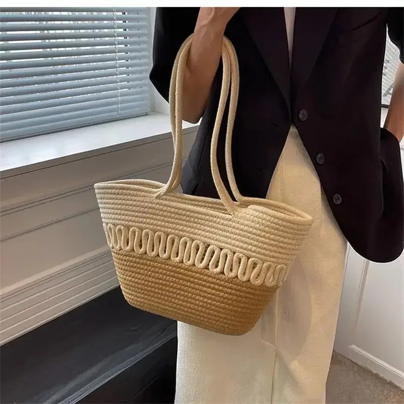 1pc Knitting Fabric Handbag Durable Straw Large Capacity Beach Bag Shoulder WomenCapacity Womens Summer Bags 250605