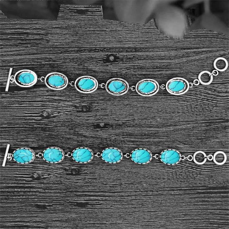 5 Colors Oval Synthetic Turquoise Bracelets For Women Flower Bead Antique Silver Plated Fashion Jewelry TB291 W250606
