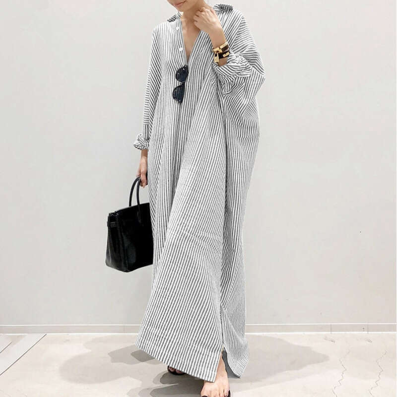 New Loose Striped Print Fashion Women's Plus Size Long Dress Cardigan B5
