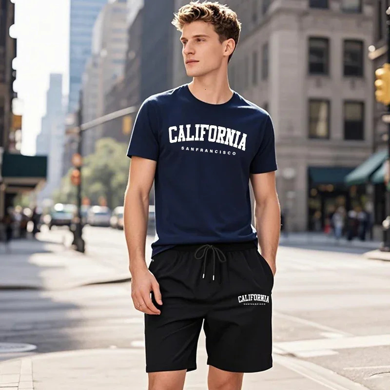 California Fashion T-shirt Shorts 2pcs Set Mens Summer Casual Sports Outfits Urban Fashion Tracksuit O-neck Tees Walking Shorts 250605