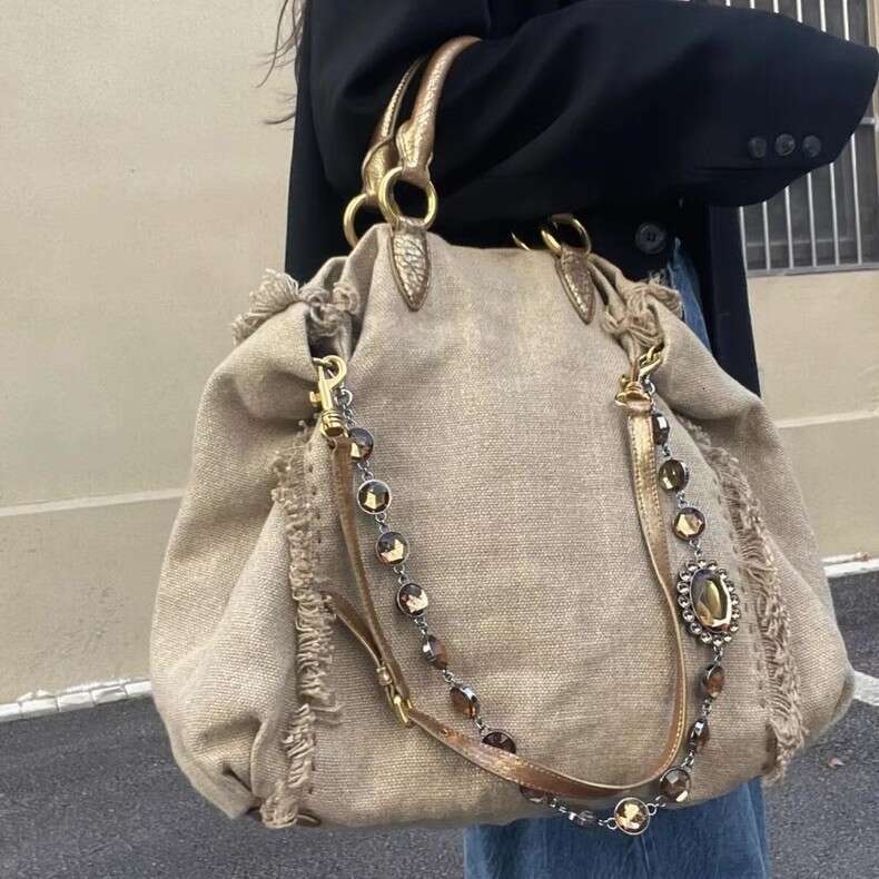 New Trendy Fashion Versatile Linen Tassel Color Block Stylish Design Handbag and Crossbody Bag