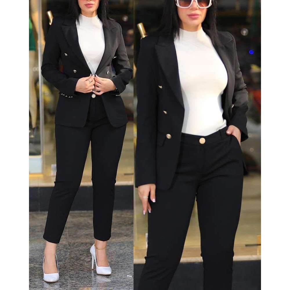 Women's Solid Color Slim Fit Casual Fashion Waist-Cinching Double-Breasted Two-Piece Suit Set B5