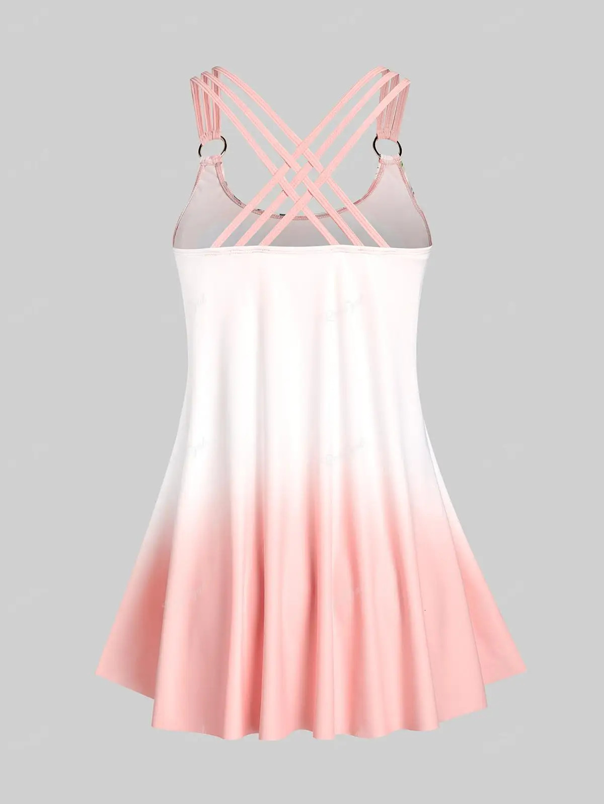 Rol Womens Plus Size Curve Ombre Color Floral Print Crisscross Modest Tankini Swimsuit 250603