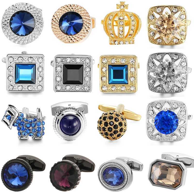 High quality Austrian blue crystal cats eye stone cufflinks French shirt brass crown design wedding mens crystal cufflinks W250606