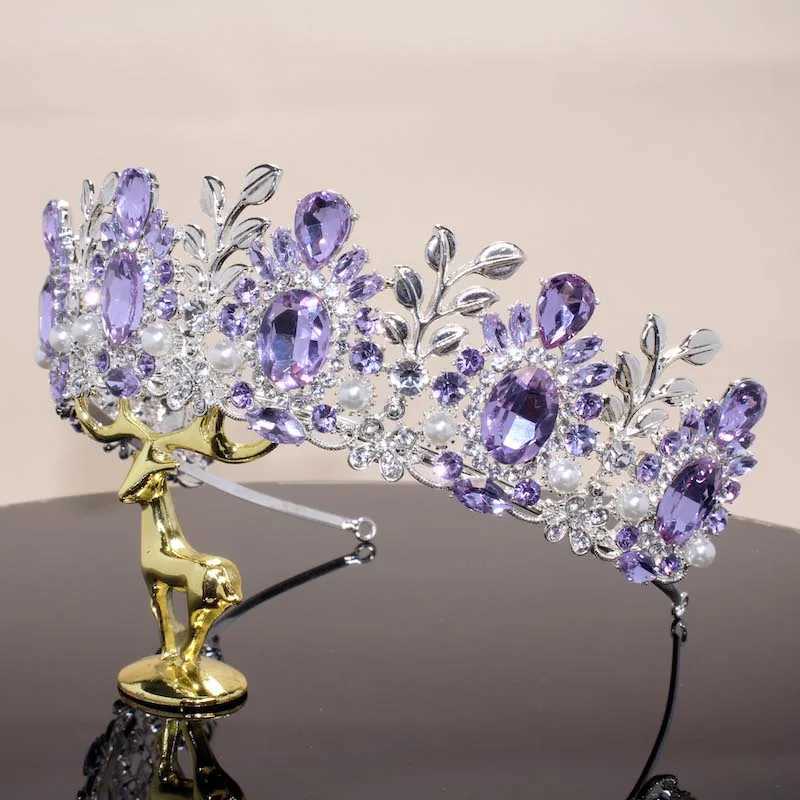 Luxury Bridal Hair Jewelry Purple Pink Baroque Crowns And Tiaras Headband For Women Wedding Party Diadem Purple necklace set Z250605