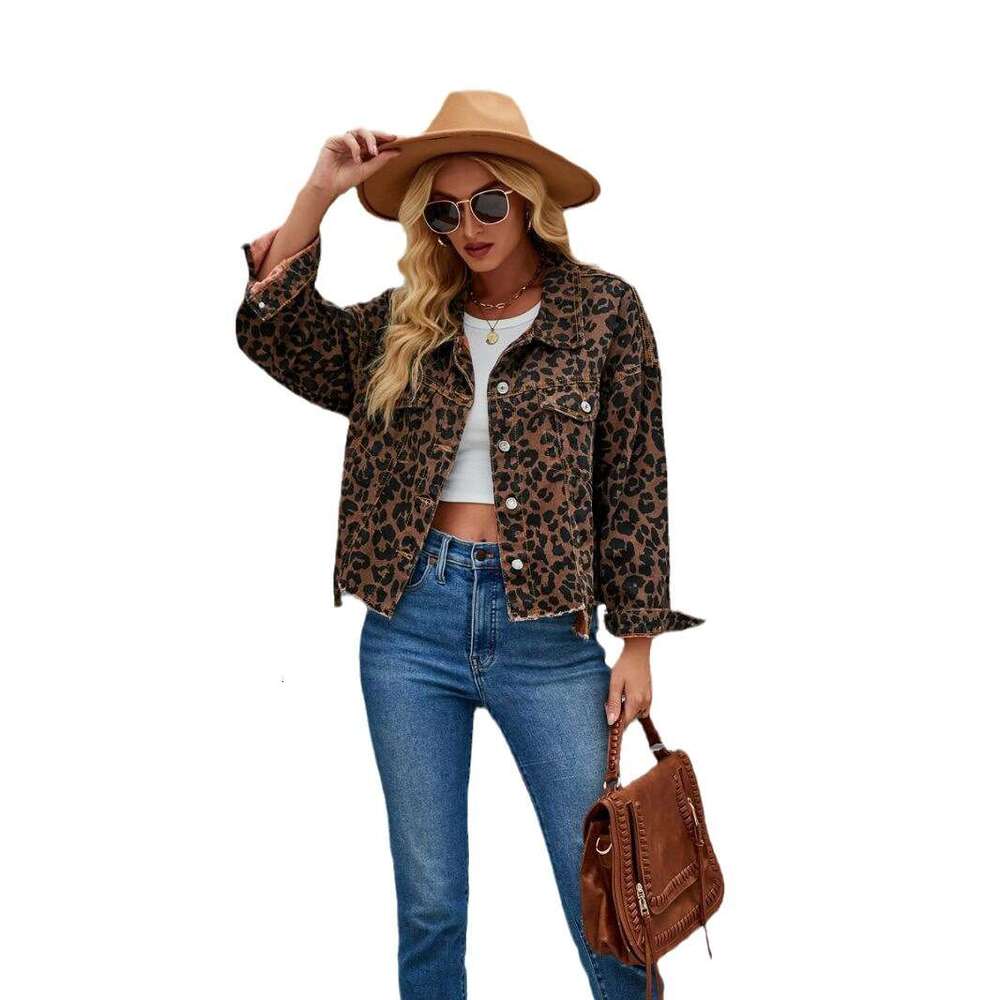 Women's Clothing Autumn Winter New Leopard Print Fashion Casual Denim Short Jacket B5