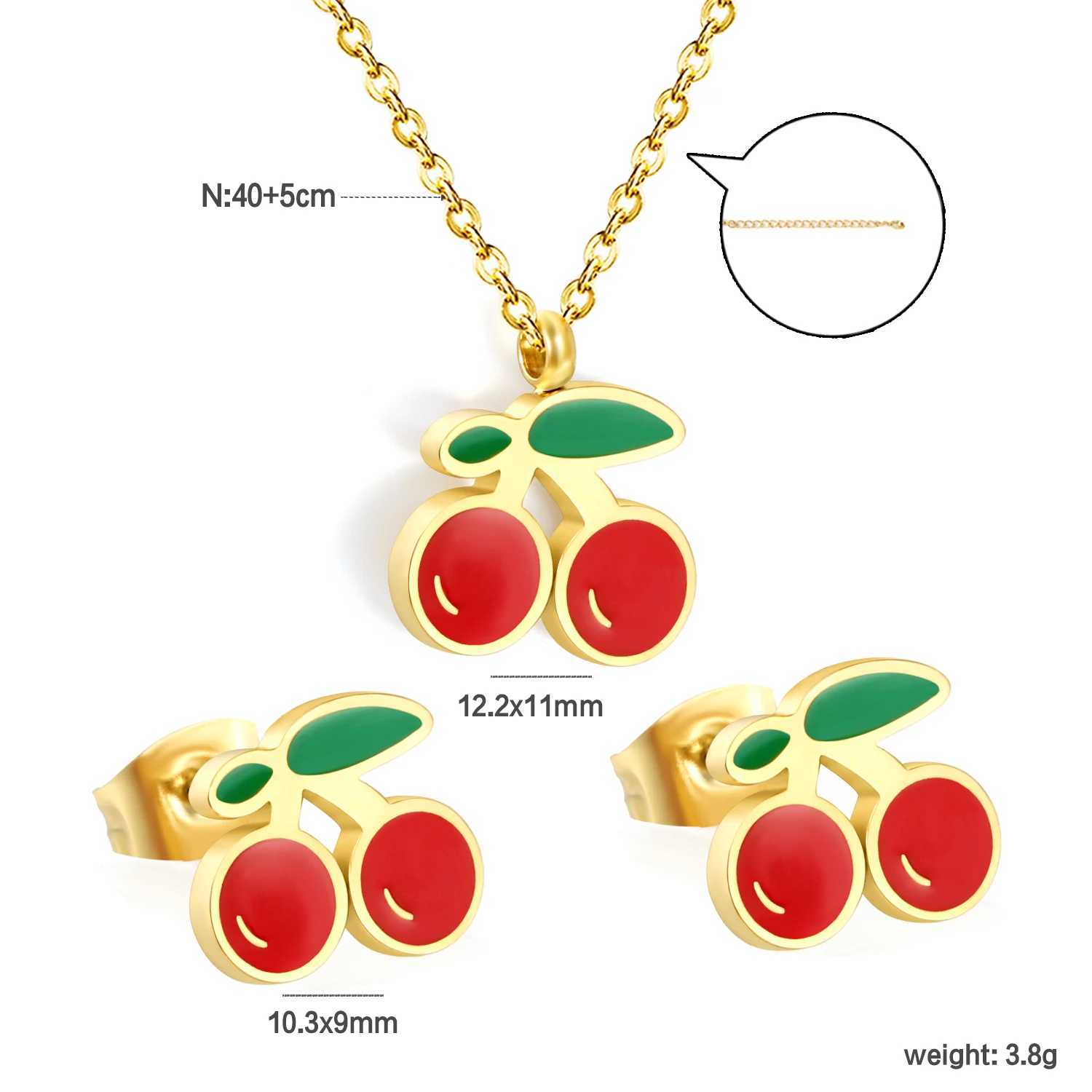 LUXUKISSKIDS Cherry Blossom Charms Jewelry Set Fashion Cute Red Cherries Pendant Necklace with Earrings Girls Pink Color Jewelry Y250605