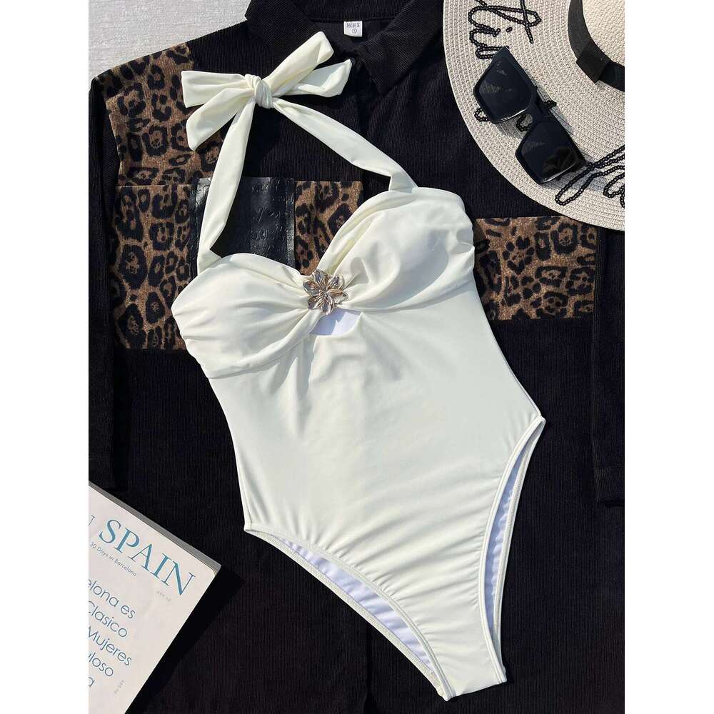 Vintage White Swimwear Women 2025 Hatler Metal Starfish Cut Out Pleate Backless One Piece Swimsuit Beach Bathing Suit Monokini