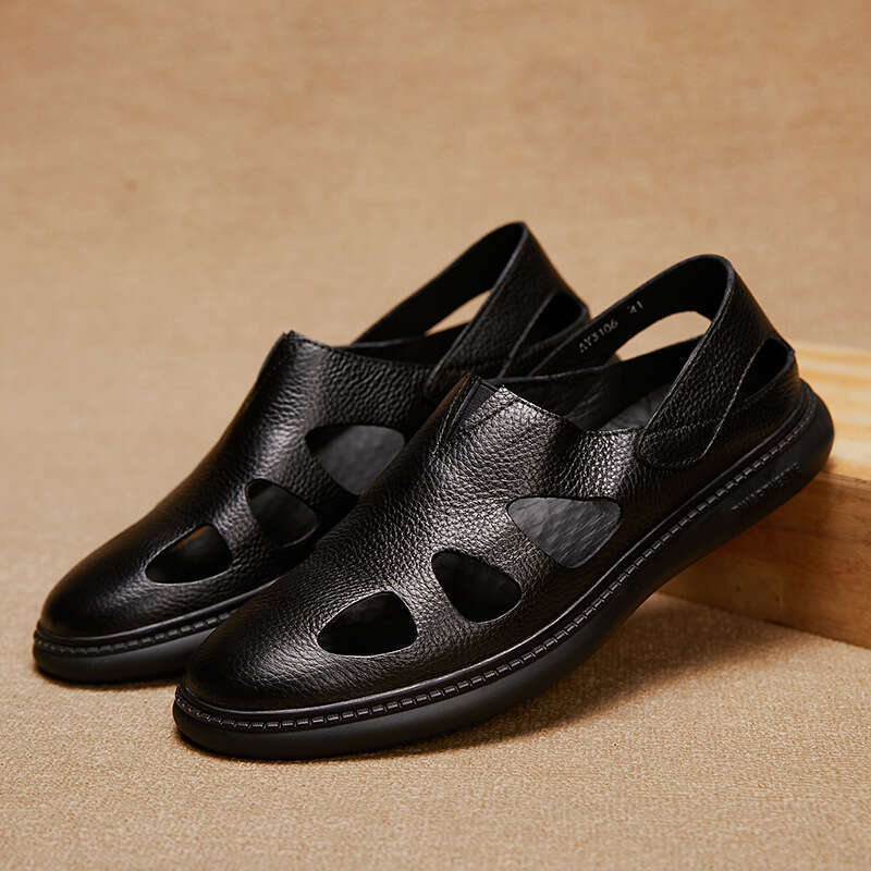 Large Hole Breathable Genuine Casual Men's 2025 Summer New Comfortable Flat Slip-On Cool Leather Shoes