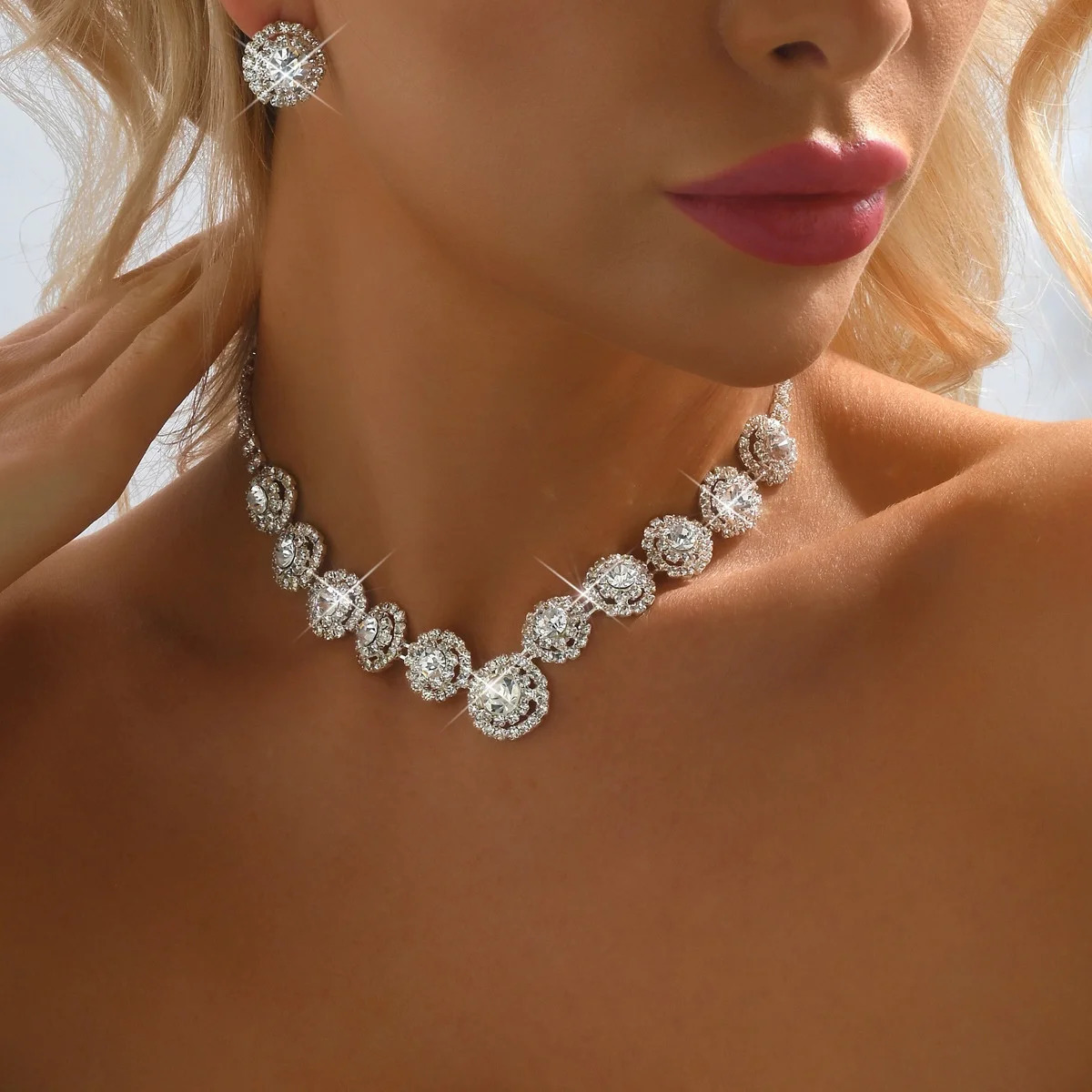 2pcs Wedding Womens Fashion Jewelry Set Tassel Rhinestone Earrings Necklace Fashion Party Fashion Accessories 250530